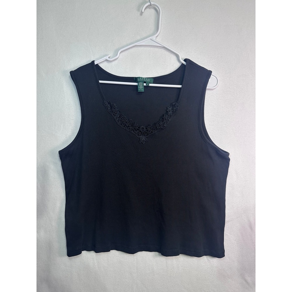Lauren‎ Ralph Lauren Black Lace Trim Ribbed Tank Top Women's 2X